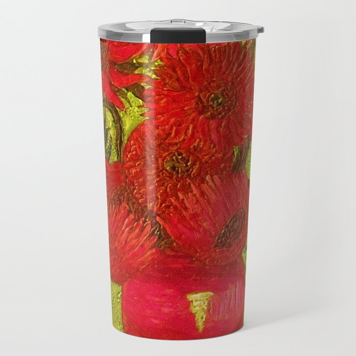 Vincent van Gogh Twelve red sunflowers in a vase still life with gold background portrait painting Travel Mug