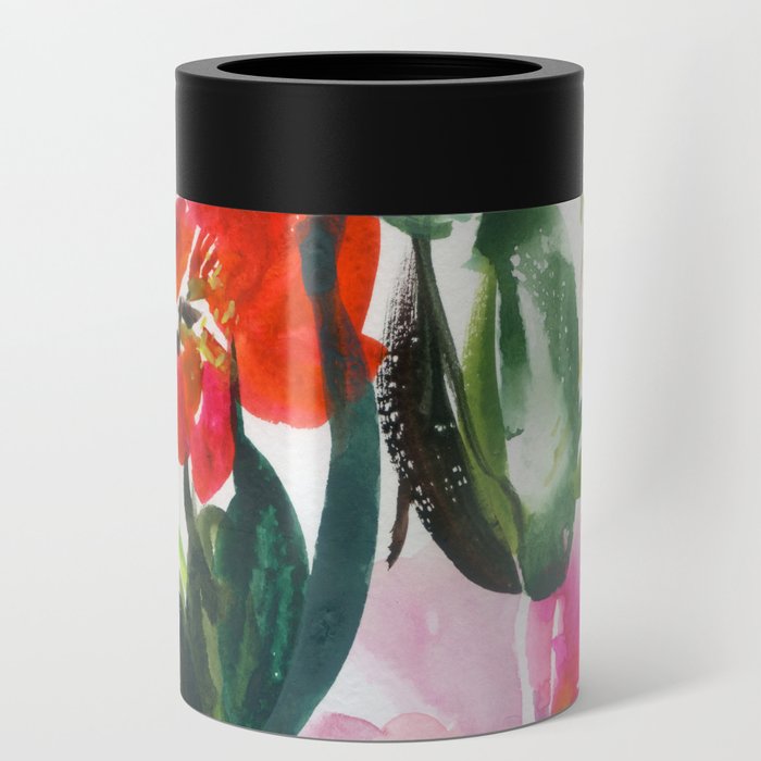 pink peonies in red and green Can Cooler