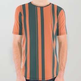 [ Thumbnail: Coral and Dark Slate Gray Colored Striped/Lined Pattern All Over Graphic Tee ]