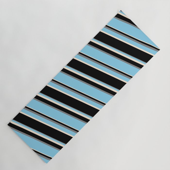 Sky Blue, Beige, Black, and Grey Colored Stripes Pattern Yoga Mat