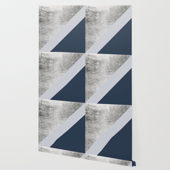 Modern Minimalist Navy Blue Grey And Silver Foil Geometric Color Block Wallpaper By Girlytrend Society6