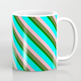 [ Thumbnail: Eye-catching Aqua, Light Pink, Dark Olive Green, Dark Green & Green Colored Stripes/Lines Pattern Coffee Mug ]