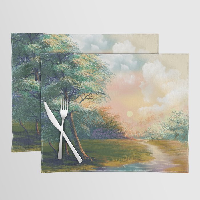 Digital art painting landscape, river in the spring forest with sunset, afternoon. Placemat