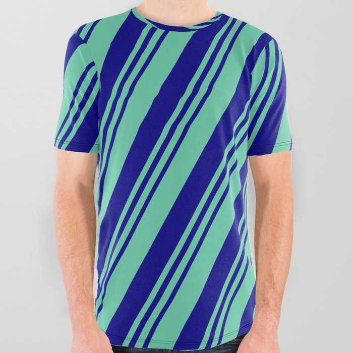 Aquamarine and Blue Colored Lined Pattern All Over Graphic Tee