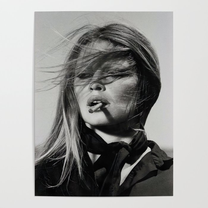 Brigitte Bardot Smoking a Cigarette, Black and White Photograph Poster