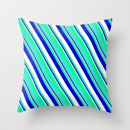 [ Thumbnail: Blue, White, Green, and Turquoise Colored Striped/Lined Pattern Throw Pillow ]
