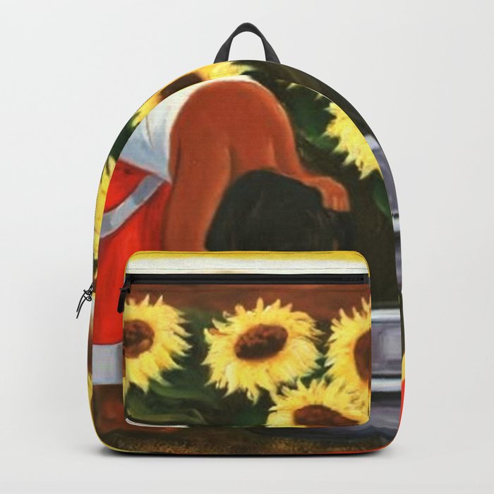 Two women in sunflower fields at sunrise landscape painting  Backpack
