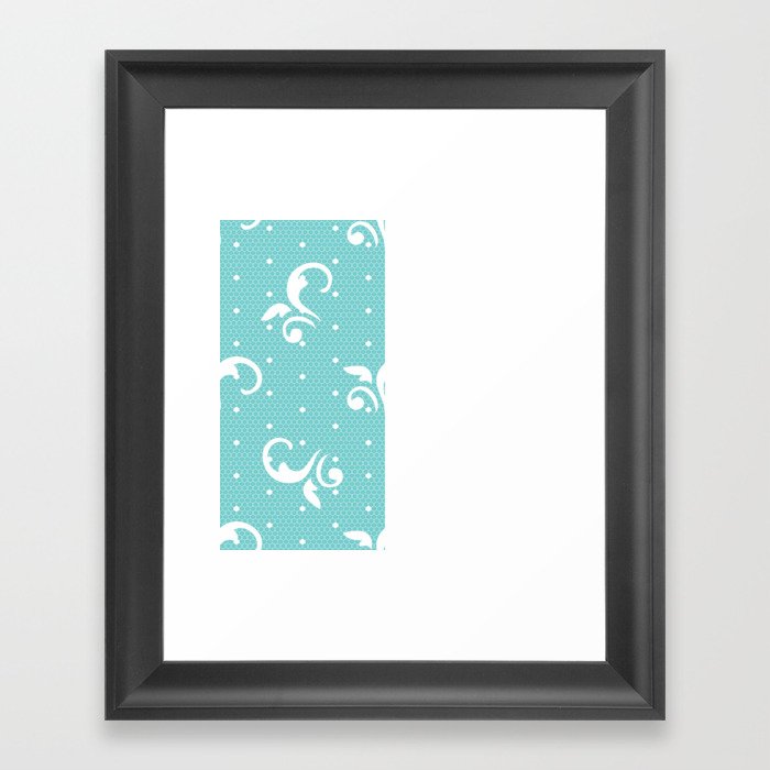 White Floral Curls Lace Vertical Split on Turquoise  Framed Art Print