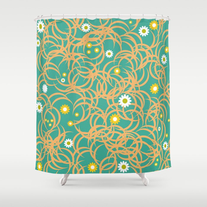 A seamless pattern of monotonous elements arranged chaotically and small flowers. Vintage Illustration Shower Curtain