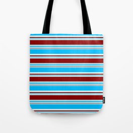 [ Thumbnail: Powder Blue, Deep Sky Blue, Light Cyan & Dark Red Colored Stripes Pattern Tote Bag ]