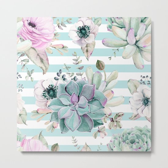 Succulent Garden Striped Succulent Blue Metal Print