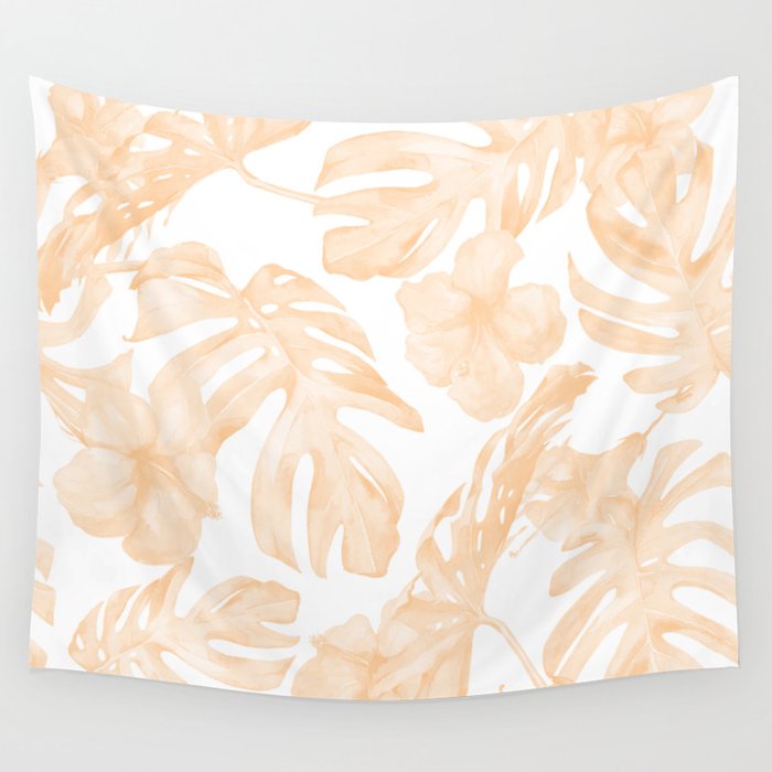 Island Vacation Hibiscus Palm Leaf Coral Apricot Orange Wall Tapestry