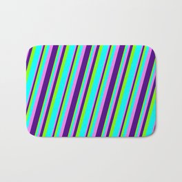 [ Thumbnail: Chartreuse, Aqua, Violet, and Indigo Colored Striped/Lined Pattern Bath Mat ]