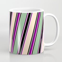 [ Thumbnail: Dark Sea Green, Purple, Bisque, and Black Colored Lines Pattern Coffee Mug ]