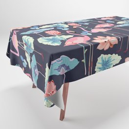 Pink flamingos surrounded by lotus flowers and protea on a violet color background Tablecloth