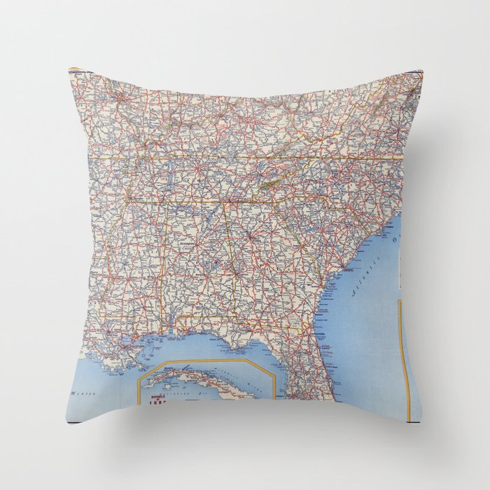 Highway Map Southeastern Section of the United States - Vintage Illustrated Map-road map Throw Pillow