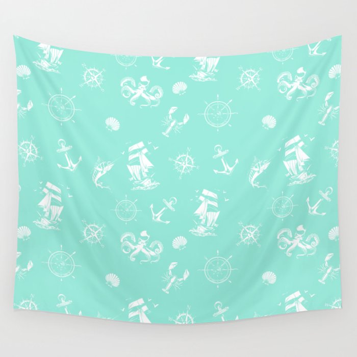 Mint Blue And White Silhouettes Of Vintage Nautical Pattern Wall Tapestry