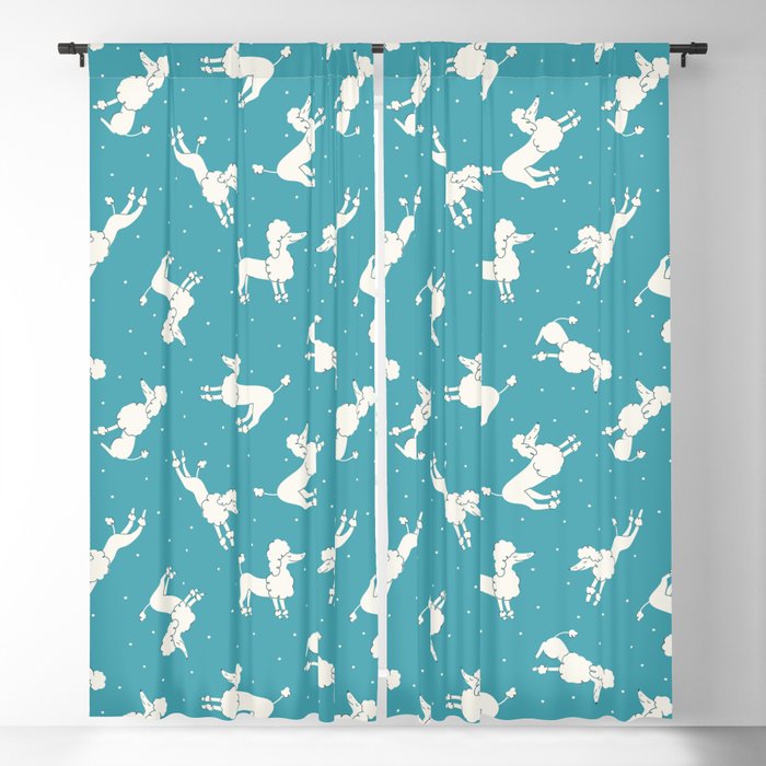 Cartoon poodles and polka dots on blue background Blackout Curtain