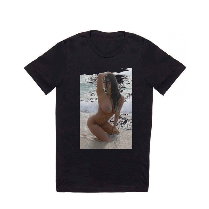 9978-SS Beautiful Naked Woman Nude Beach Sand Surf Big Breasts Long Black  Hair Sexy Erotic Art T Shirt by Chris Maher | Society6
