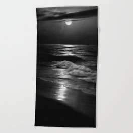 The summer sea moonlit coastal beach and waves with full moon black and white seascape photograph / photography by Rudolf Eickemeyer Jr. Beach Towel