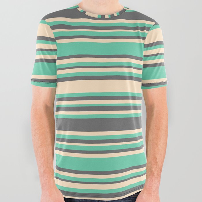 Aquamarine, Dim Gray, and Bisque Colored Lines/Stripes Pattern All Over Graphic Tee