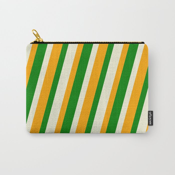 Beige, Orange & Green Colored Lined/Striped Pattern Carry-All Pouch