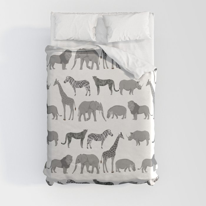 Safari animals minimal grey and white zebra giraffe cheetah hippo rhino nursery Duvet Cover