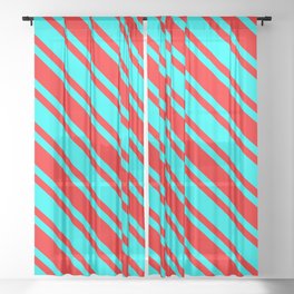 [ Thumbnail: Aqua and Red Colored Lined Pattern Sheer Curtain ]