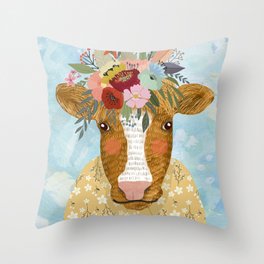 Cute cow with flowers on head, floral crown farm animal Throw Pillow