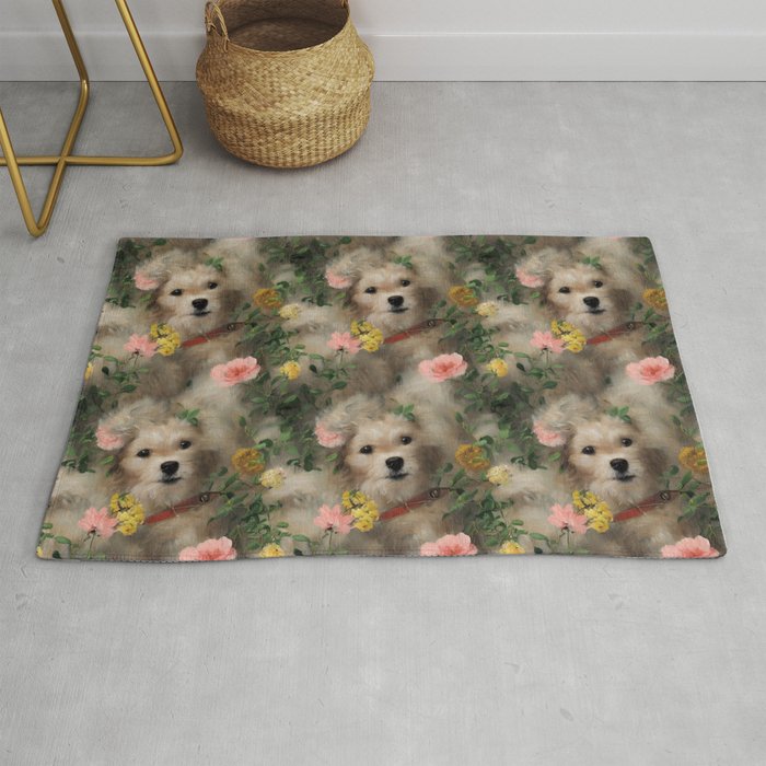 Cute Doggie with Flowers  Rug