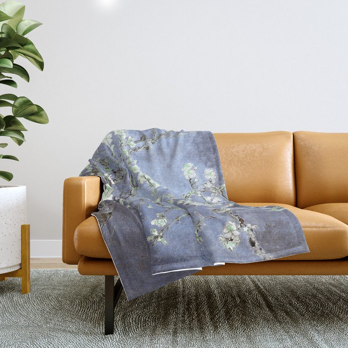 Vincent Van Gogh Almond Blossoms Steel Blue Gray Throw Blanket