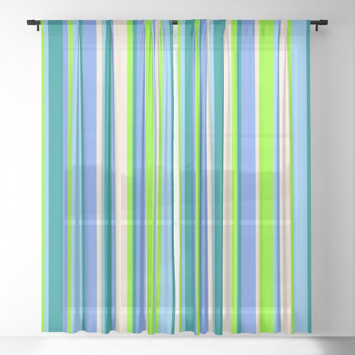 Eye-catching Chartreuse, Light Sky Blue, Dark Cyan, Cornflower Blue, and Beige Colored Lines Pattern Sheer Curtain