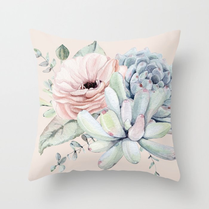 Elegant Blush Pink Succulent Garden by Nature Magick Throw Pillow