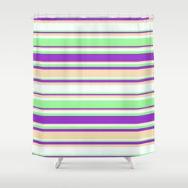 [ Thumbnail: Dark Orchid, Tan, Mint Cream, and Green Colored Stripes Pattern Shower Curtain ]