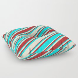 [ Thumbnail: Red, Cyan, and Light Yellow Colored Stripes Pattern Floor Pillow ]