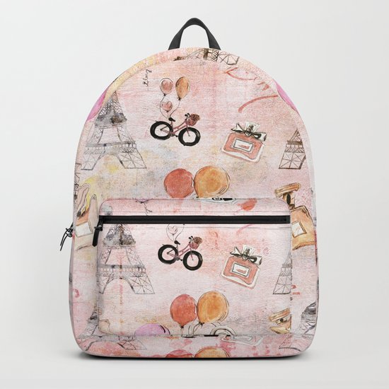 Paris Love Valentine Vintage Eiffeltower Perfume Pattern in pink Backpack