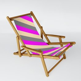 [ Thumbnail: Fuchsia, Beige, and Gray Colored Striped Pattern Sling Chair ]