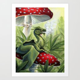 Smoking Dragon in Cannabis Leaves Art Print