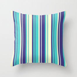 [ Thumbnail: Dark Slate Blue, Turquoise & Light Yellow Colored Striped/Lined Pattern Throw Pillow ]