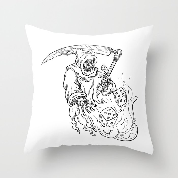 The Grim Reaper Rolling the Dice Drawing Black and White Throw Pillow