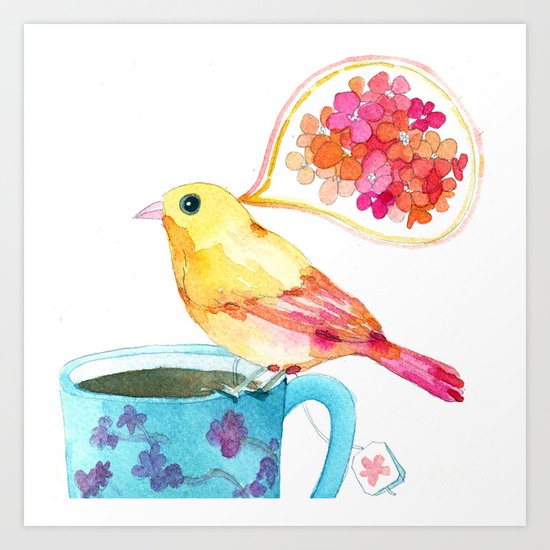 birdy and a blue teacup Art Print
