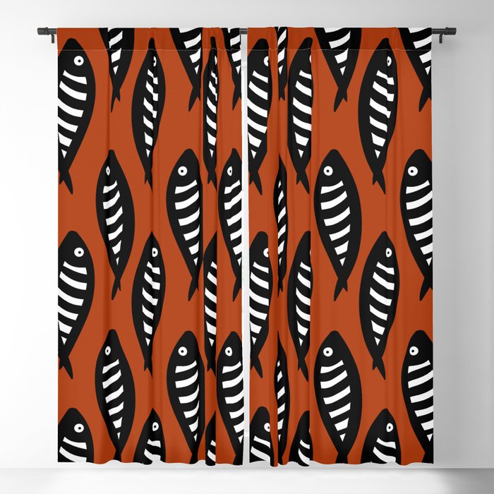 Abstract black and white fish pattern Burnt orange Blackout Curtain by  ARTStudio88design