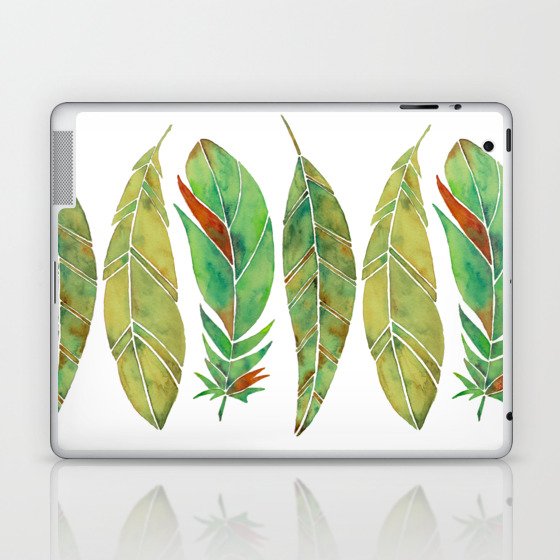 Watercolor Feathers - Green Parrot Laptop & iPad Skin