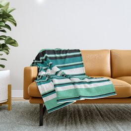 [ Thumbnail: Teal, White, Aquamarine & Black Colored Lined Pattern Throw Blanket ]