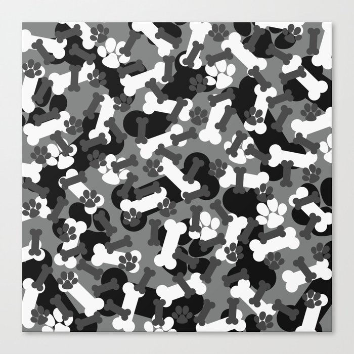 Gray Dog Paws And Bones Camouflage Pattern Canvas Print