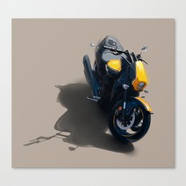  A modern, bright yellow and black motorcycle parked outside on a sunny day Canvas Print
