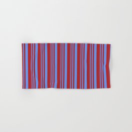 [ Thumbnail: Cornflower Blue & Red Colored Lines/Stripes Pattern Hand & Bath Towel ]