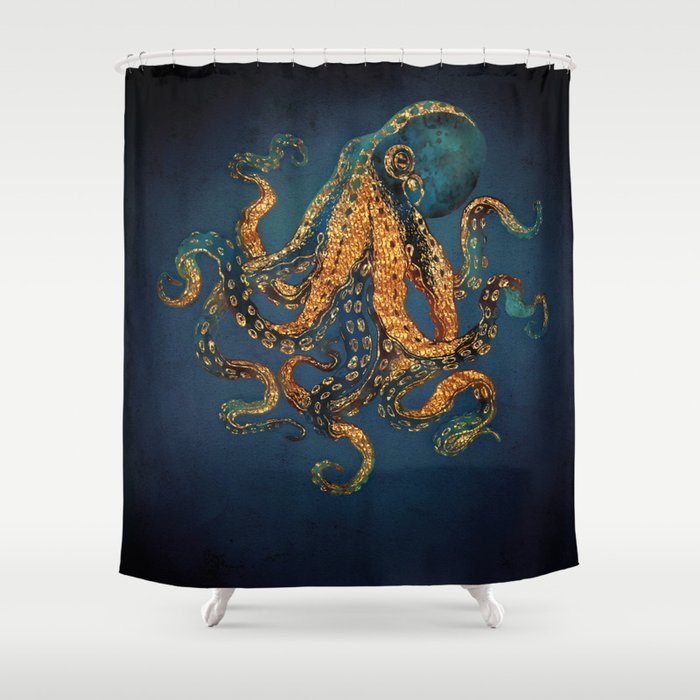 Underwater Dream IV Shower Curtain | Graphic-design, Digital, Watercolor, Octopus, Marin, Cobalt, Blue, Navy, Indigo, Gold