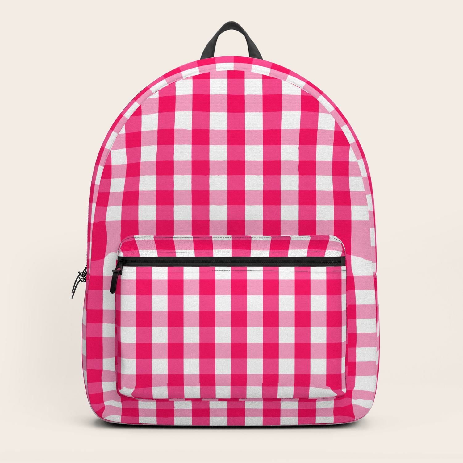 pink and white checkered backpack