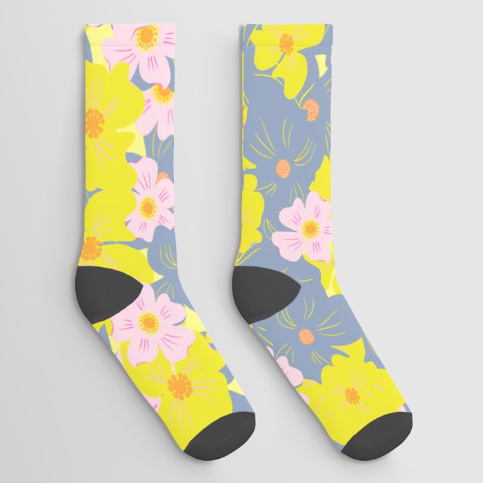 Pastel Spring Flowers on Yellow Socks